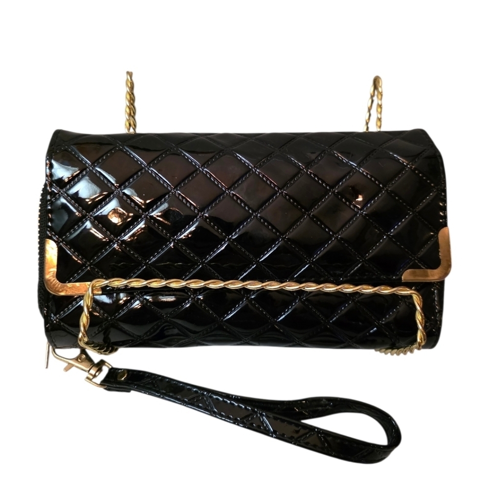 Black Quilted Patent Leather Large Double Zip Wallet & Wristlet